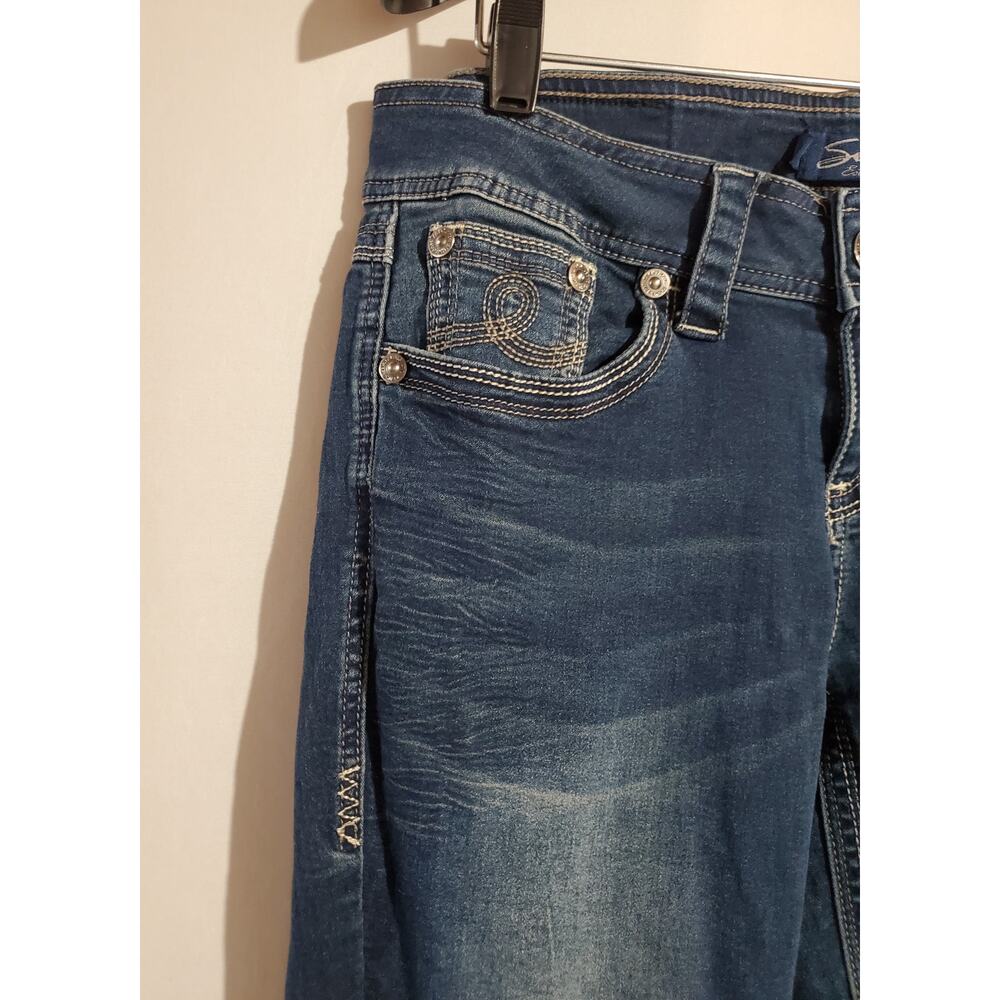 Seven7 Thick Stitch Mid Rise Dark Stone Wash Capris Womens Size 4 Cropped Blue - Picture 4 of 11